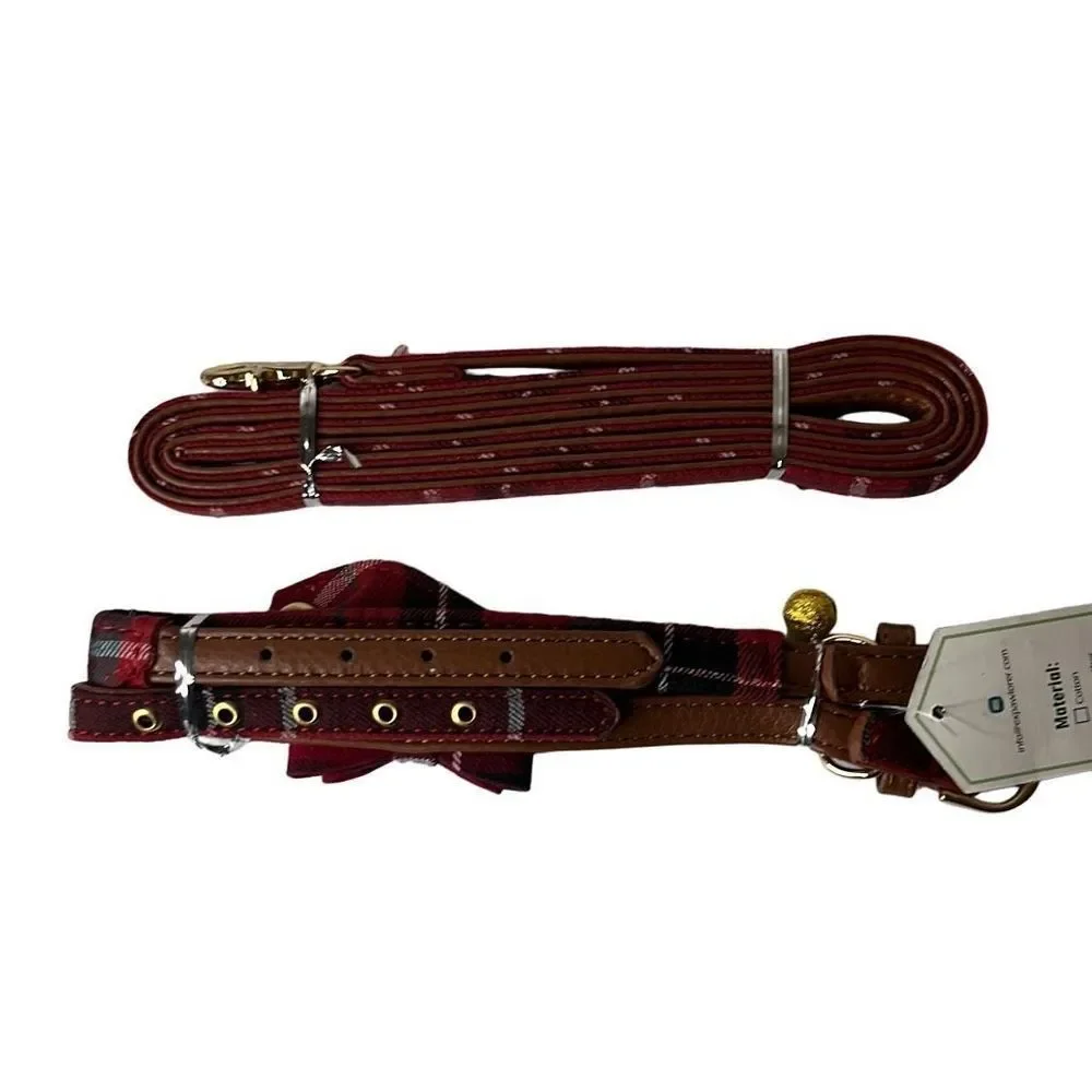 Pet collars and leash combo set NEW red plaid‎ NWT